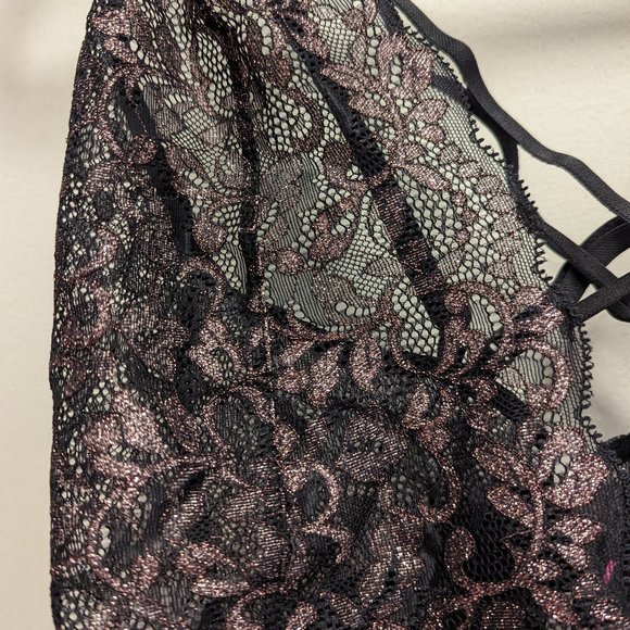 Black lace bodysuit with pink shimmer details (Medium) - Picture 2 of 5